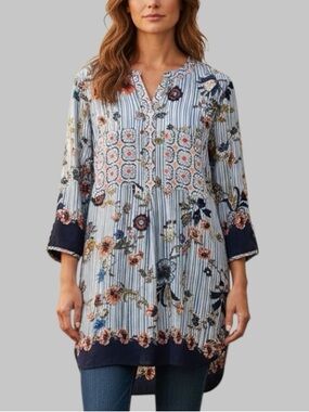 Fig & Flower Blue White Stripe Floral Tunic Top Cottagecore Coastal Boho Size 2X